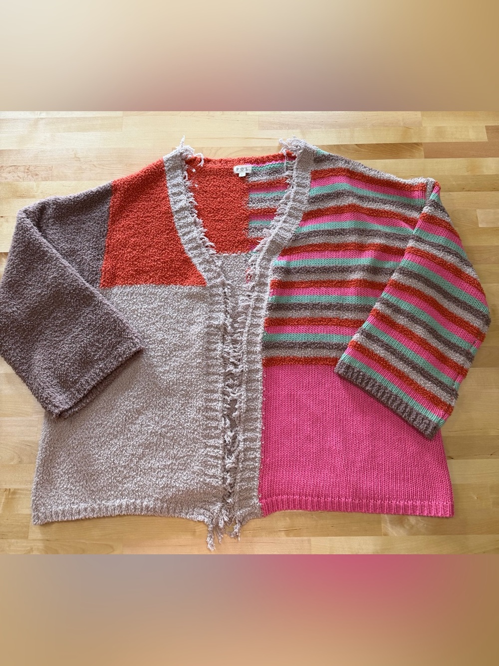 POL Patchwork Colorblock Striped Oversized Distressed Sweater Size L